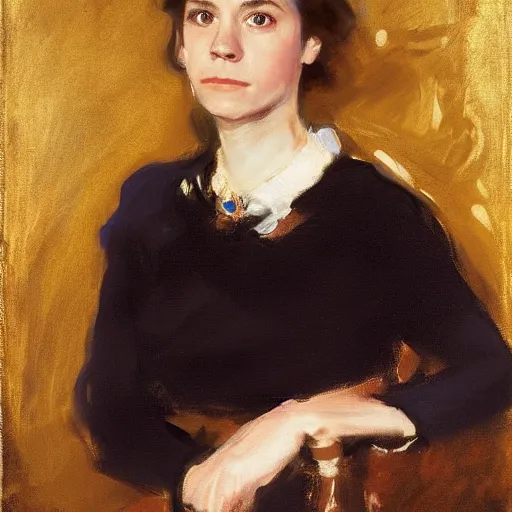 Prompt: a portrait of a mix between asa Butterfield and pam beesly by John singer Sargent