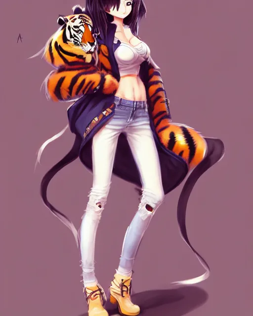 Image similar to fullbody portrait of anthropomorphic half - tiger fluffy cute anime woman in jeans coat, concept art, anime art, by a - 1 picture, trending on artstation artgerm, ross tran, wlop, marc davis