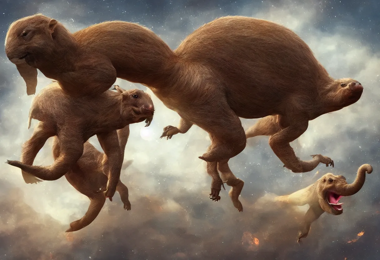 Image similar to a mutant capybara hybrid of velociraptor and elephant floating in space, cinematic, fire, hyperrealistic, trending in artstation, style of wlop