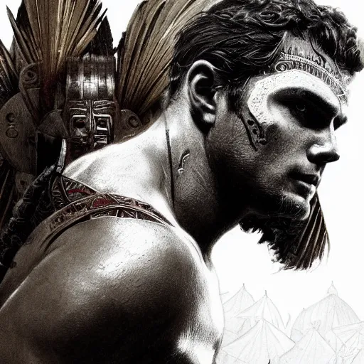 Image similar to henry cavill as an aztec warrior, athletic, face paint, muscular, intricate, highly detailed, digital painting, artstation, concept art, sharp focus, illustration, art by greg rutkowski and alphonse mucha