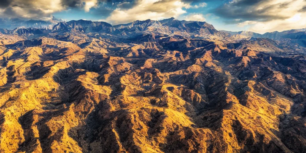 Prompt: drone shot photo of a landscape with mountains an canyons, wallpaper, very very wide shot, warm, national geographic, award landscape photography, professional landscape photography, sunny, day time, beautiful