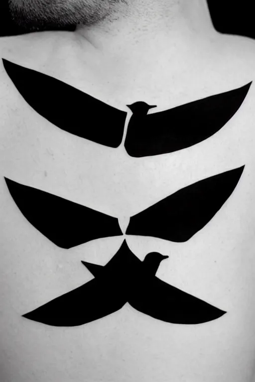 Image similar to a simple tattoo design of minimalist swallows flying into geometric lines and simple basic shapes, black ink, abstract logo, line art