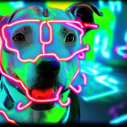 Prompt: an amazing glitch art photo of a cute mad pitbull. glowing neon lights, glitchery, intricate, epic lighting, cinematic composition, hyper realistic, 8 k resolution, unreal engine 5
