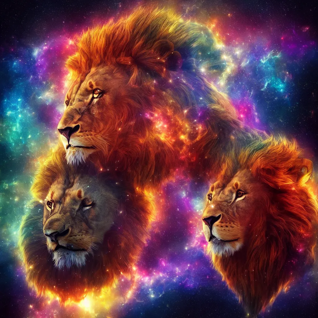 Image similar to lion 🦁 in a galaxy made of stars, space, nebulas stars Dmt Psychedelic cosmos, cosmic, Hallucination, night sky; 8k, artstation, unreal engine, octane render, hdr, surrealistic, hyperrealism, glow, photorealistic, volumetric lighting, Dreamy, dynamic, mystical