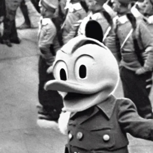 Image similar to historic colorized photograph of donald duck at a nazi parade in 1 9 3 6