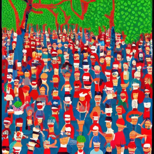 Prompt: Where's Waldo, in the style of a Hockney painting