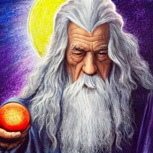 Prompt: Gandalf pondering his orb by Magalie Villeneuve, Clear face, Colourful