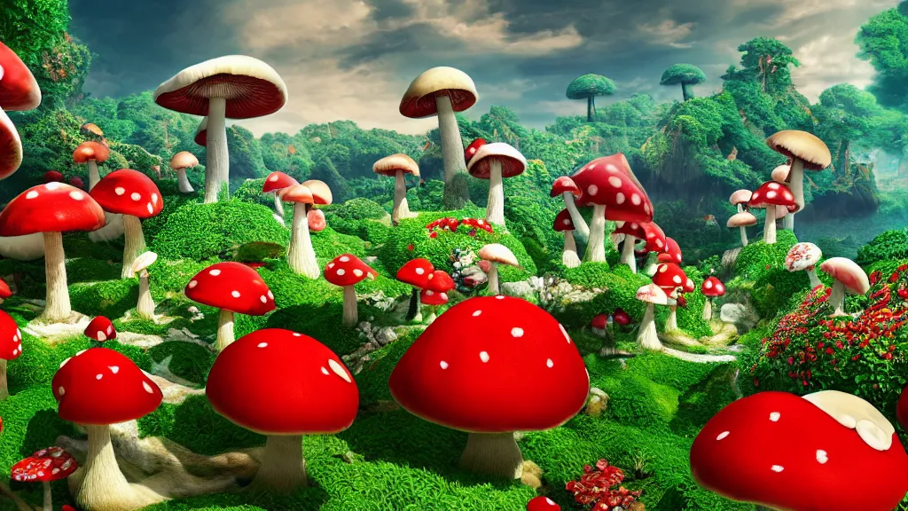 Prompt: archipelago in the mushroom kingdom, red and white spotted giant mushrooms, exotic flora, giant roses, thousands of flowers, fantasy artwork, very very very beautiful scenery, hd, hdr, ue 5, ue 6, unreal engine 5, cinematic 4 k wallpaper, 8 k, ultra detailed, high resolution, artstation, award winning