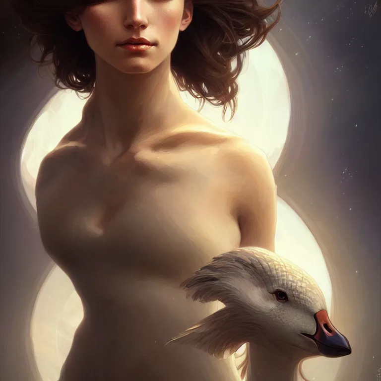 Image similar to anthromorphic goose girl portrait, sci - fi face, elegant, highly detailed, digital painting, artstation, concept art, smooth, sharp focus, illustration, art by artgerm and greg rutkowski and alphonse mucha