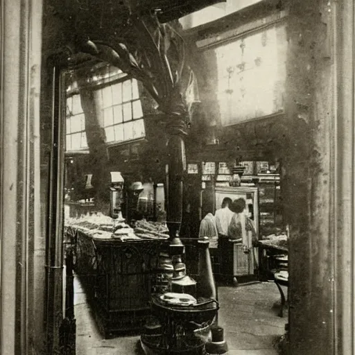 Image similar to nineteenth century, paris bakery interior, montmartre, photograph, style of atget, old, creepy