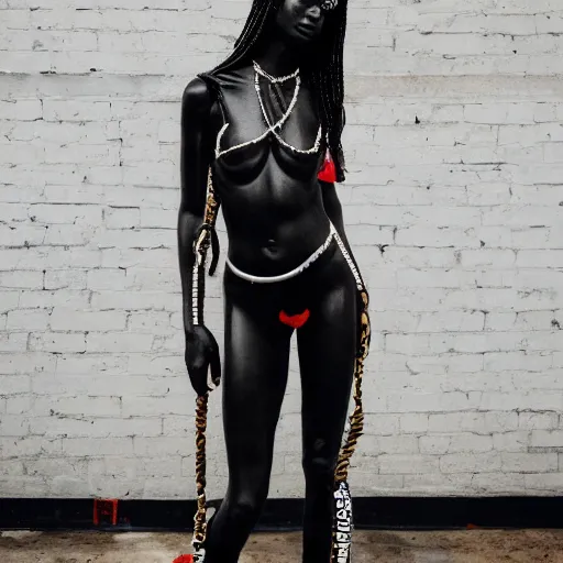 Image similar to very very beautiful dark black marble statue of a woman in the style of virgil abloh, colorful motocross logos on the wall behind her, sharp focus, clear, detailed,, cinematic, detailed, off white, heron preston, matthew williams, acronym, glamourous, symmetrical, vogue, editorial, fashion, magazine shoot, glossy