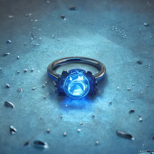 Image similar to a fantasy ring, blue glow, realistic reflections, intricate details, cinematic lighting, depth of field, octane render