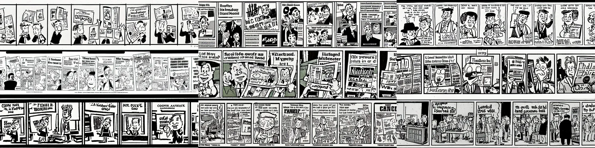 Prompt: scanned image of newspaper cartoon strip, in colour, half tone, back to the future,