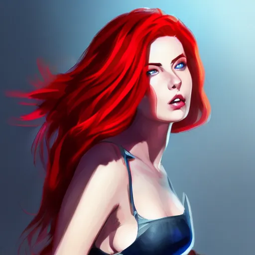 Prompt: a girl wearing sexy clothes, red hair, blue eyes, highly detailed, digital painting, artstation, concept art, smooth, sharp focus, illustration