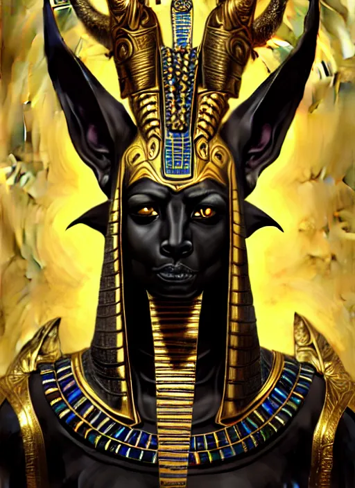 Image similar to angry god anubis, growling jackal with egyptian headdress and nemes, ornate art nouveau detail, symmetrical portrait, black and gold palette, fantasy, intricate, elegant, highly detailed, colorful, dark colors, dramatic shadow, digital painting, artstation, concept art, art by artgerm and greg rutkowski and ruan jia,