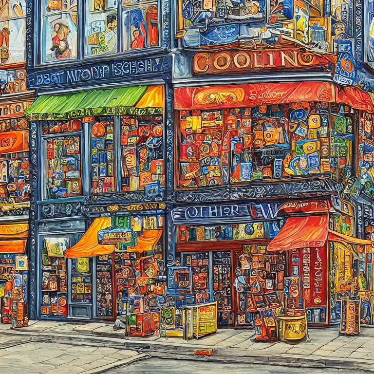 Image similar to modern coin shop. intricately detailed acrylic painting