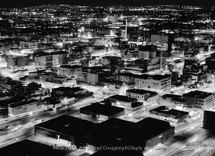 Prompt: a sprawling building complex seen from a dark parking lot in los angeles at night. 1 9 9 0 photo by james cameron. urban photography