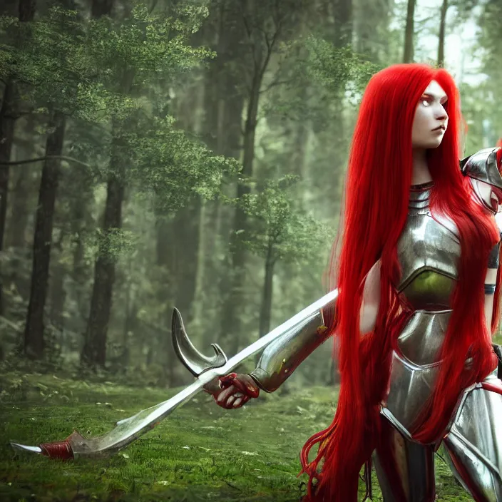 Prompt: a girl with long red hair wearing a red plate armor and holding a big red sword in a forest, 3d render, octane render, unreal engine 5, 8k hdr, hyperrealistic, highly detailed, high quality, concept art, trending on Artstation