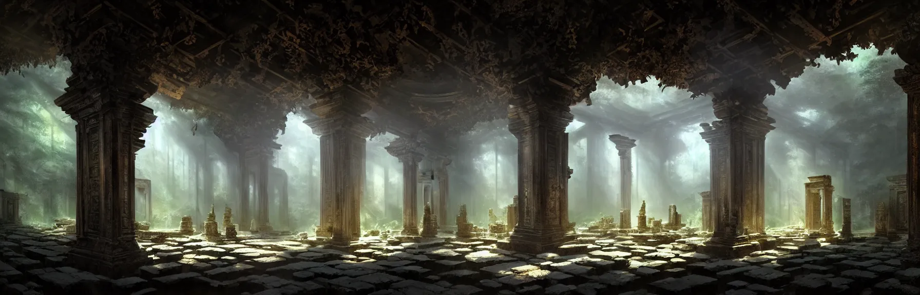 Image similar to The interior of an mystical ancient dilapidated temple in ruins amidst jungle, intricate runes chiseled on the walls, elegant chandelier hanging from the ceiling; volumetric lighting, digital painting, highly detailed, artstation, sharp focus, illustration, concept art, ruan jia, steve mccurry