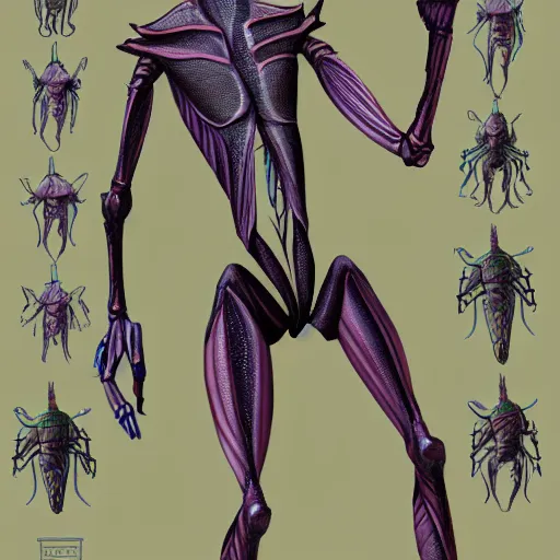 Image similar to a humanoid mantis alien creature, character design sheet, detailed concept art,