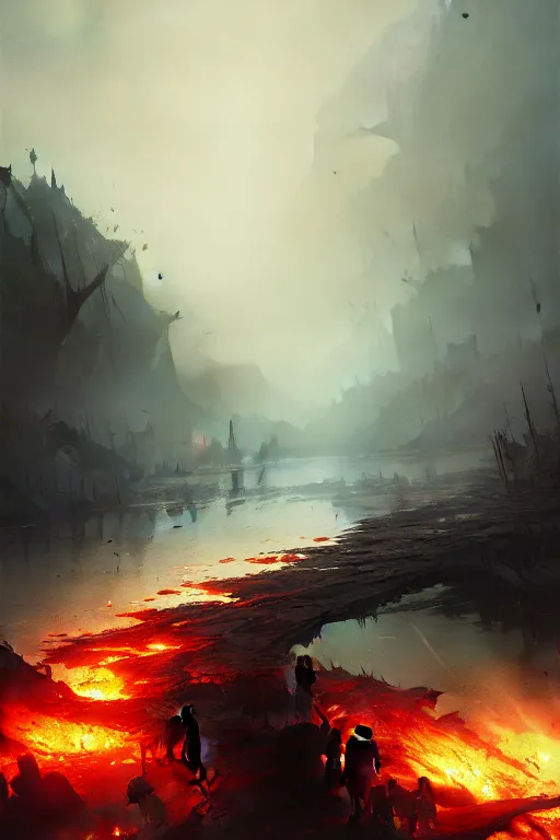 Image similar to bloody river in hell, by greg rutkowski, trending on artstation