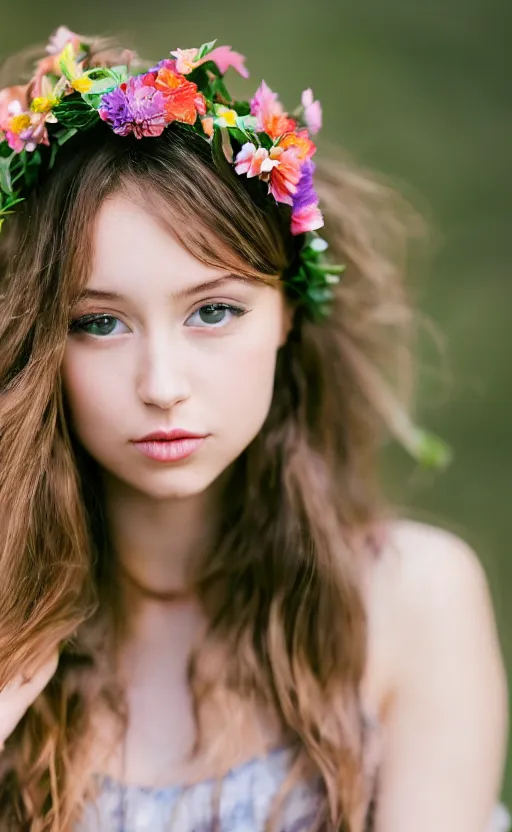 Image similar to portrait of a beautiful young girl with flowers in her hair, beautiful composition, modern color palette, 50mm f1.8, ambient light,