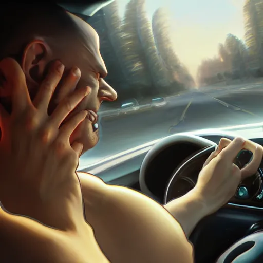 Image similar to Angry man inside a car is having a road rage, highly detailed, professional digital painting, Unreal Engine 5, Photorealism, HD quality, 8k resolution, cinema 4d, 3D, cinematic, art by artgerm and greg rutkowski and alphonse mucha and loish and WLOP