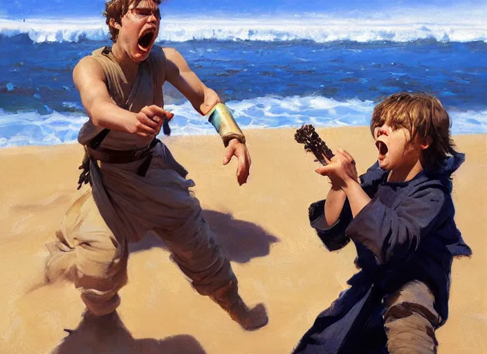 Image similar to a highly detailed beautiful portrait of anakin skywalker screaming and crying at sand, by gregory manchess, james gurney, james jean