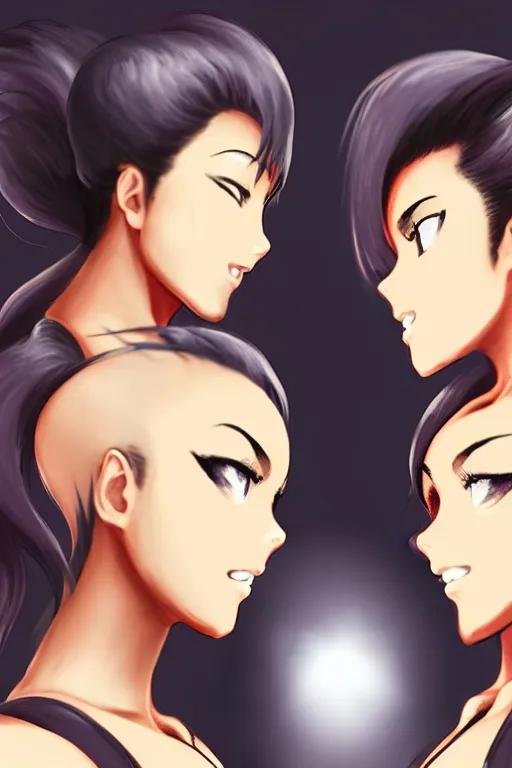 Prompt: two beautiful female fighters with hair tied in bun facing each other, gorgeous features, high definition, sharp focus, detailed anime art