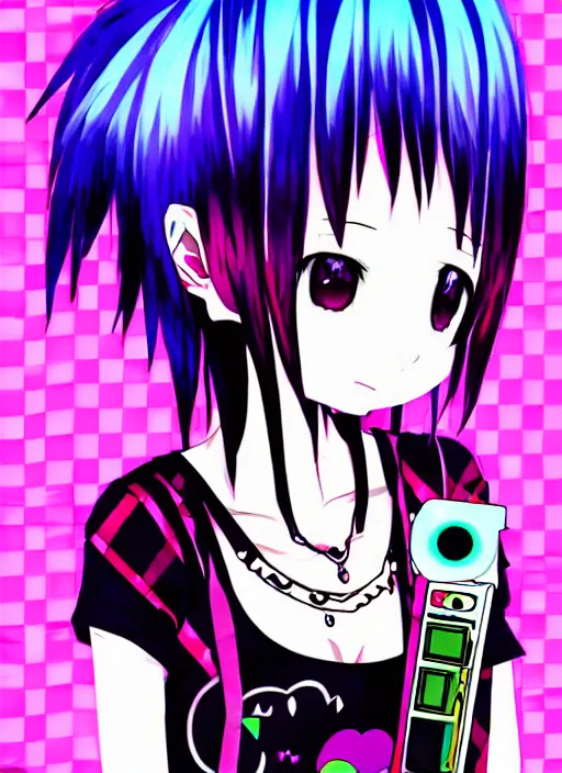 Prompt: emo anime girl, scene, rainbowcore, vhs monster high, glitchcore witchcore, checkered spiked hair, pixiv