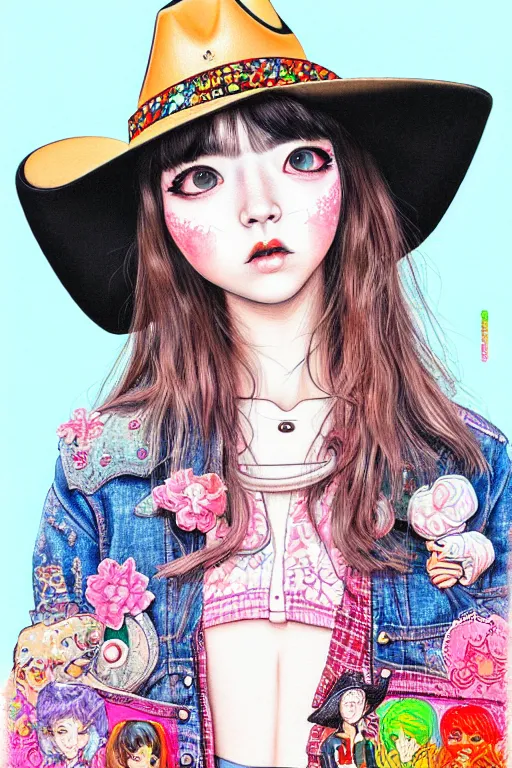 Image similar to girl wearing cowboy hat, style of yoshii chie and hikari shimoda and martine johanna, highly detailed