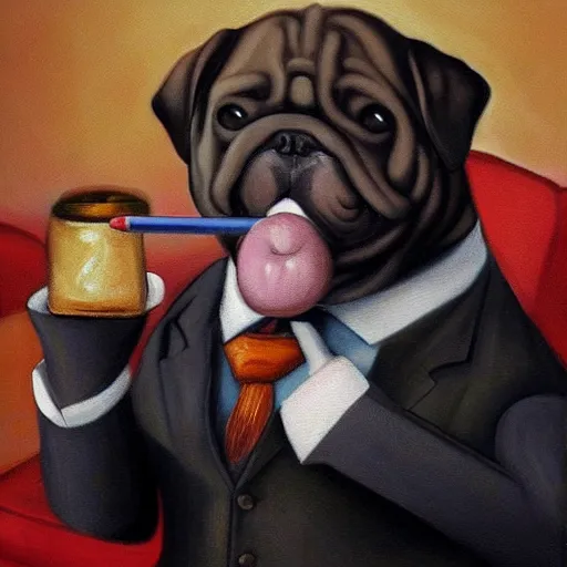 Image similar to anthropomorphic fat dog wearing a suit and smoking a cigar, oil painting, masterpiece, very detailed, realistic