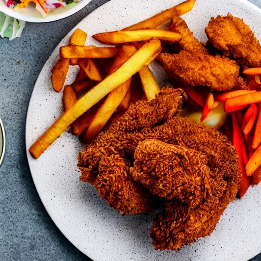 Prompt: professional photo of a plate with fried chicken, fries and coleslaw, 4k, studio photo, f/1.4