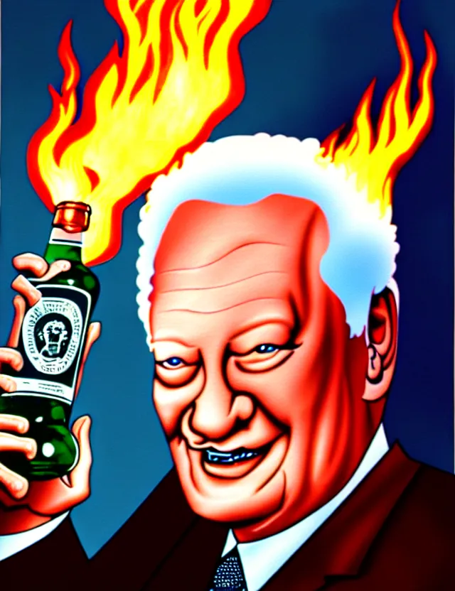 Image similar to yeltsin with a halo of fire holding a bottle of vodka in his hands, scary art in color, detailed art