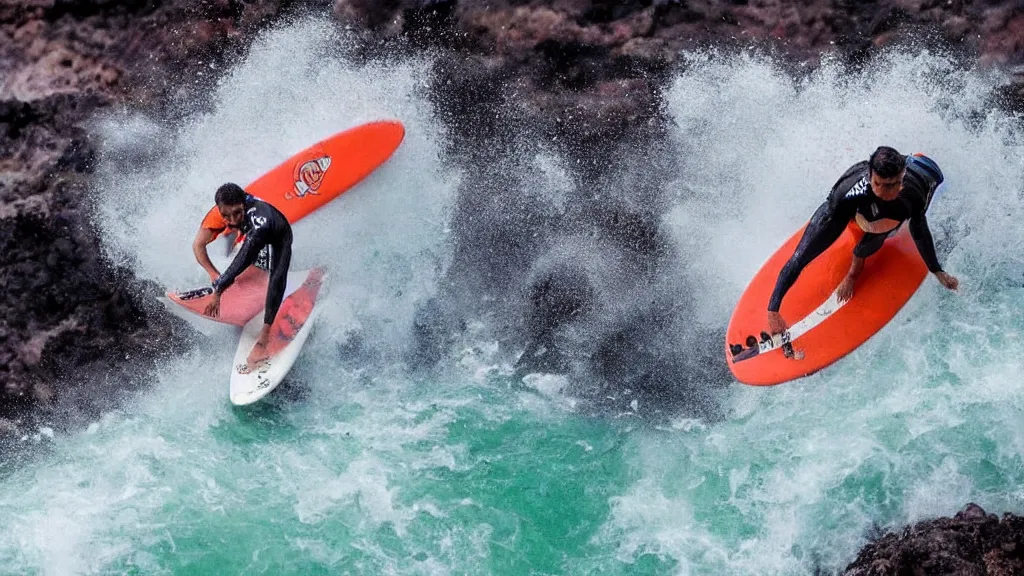 Image similar to person wearing a sponsored team jersey with logos surfing down a river of lava on the side of a volcano on surfboard, action shot, dystopian, thick black smoke and fire, sharp focus