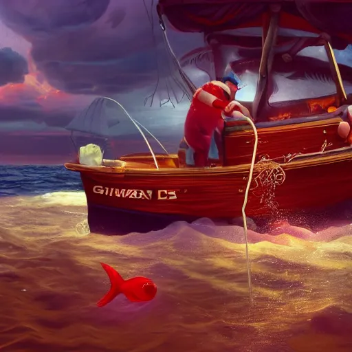 Image similar to gizmo goes deep sea fishing in a sportfisherman boat. gizmo is fishing for swedish fish candy by using gummi worm candy as bait. photorealistic digital art, epic fantasy, dramatic lighting, cinematic, extremely high detail, cinematic lighting, trending, artstation, cgsociety, 3 d ue 5, 4 k, hq