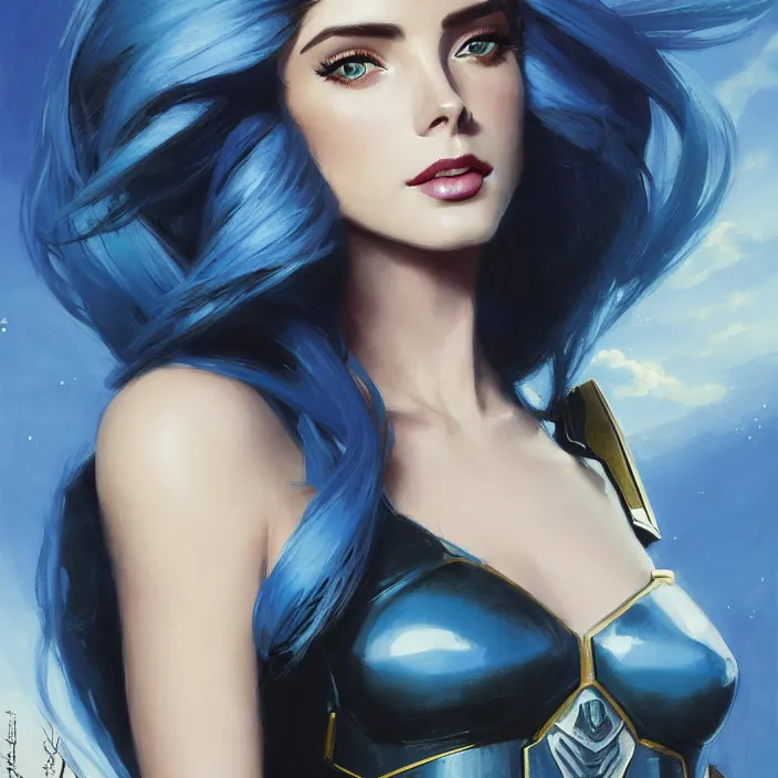 Prompt: portrait of a combination of Ashley Greene, Adriana Dxim, Grace Kelly and Lily Collins with blue hair wearing Interceptor's armor from Anthem, countryside, calm, fantasy character portrait, dynamic pose, above view, sunny day, thunder clouds in the sky, artwork by Jeremy Lipkin and Giuseppe Dangelico Pino and Michael Garmash and Rob Rey and Greg Manchess and Huang Guangjian, very coherent asymmetrical artwork, sharp edges, perfect face, simple form, 100mm