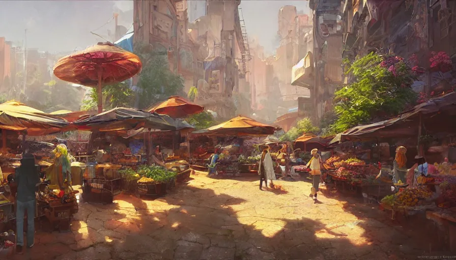 Prompt: craig mullins and ghibli digital illustration of solarpunk farmers market, festival, colorful, unreal engine, hyper realism, realistic shading, cinematic composition, realistic render, octane render, detailed textures, photorealistic, wide shot