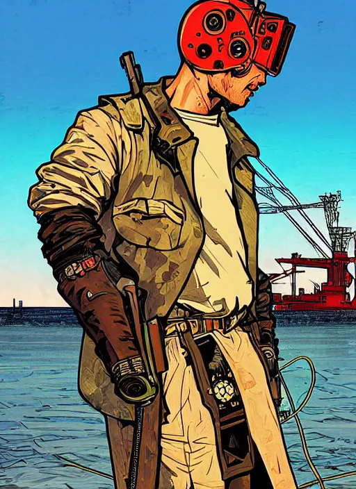 Prompt: ivan. cyberpunk soviet assassin on skiff. burning oil rig in the background. portrait illustration, pop art, art by ashley wood, alphonse mucha, laurie greasley and josan gonzalez. cinematic. dynamic lighting. realistic proportions. creative design. cell shading