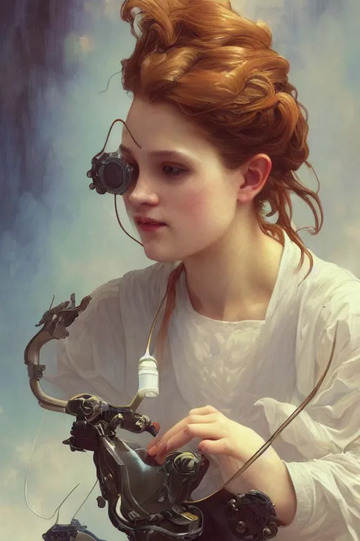 Prompt: a scientist girl doing mad science, intricate, elegant, highly detailed, digital painting, artstation, concept art, smooth, sharp focus, illustration, art by artgerm and greg rutkowski and alphonse mucha and william - adolphe bouguereau