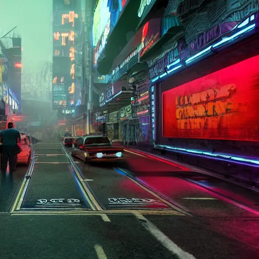 Image similar to a 3 d rendered in unreal engine guatemalan cyberpunk city with neon ads and signs with evocative dramatic mood with blade runner vibe with cars with motion blur with depth of field with bloom with lightshaft with volumetric lights, fog, by scott robertson, oscar winning graphics, photo realistic, bloom, imax, dynamic lighting, artstation,