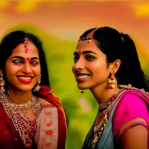 Image similar to unbelievably beautiful, perfect, dynamic, epic, cinematic 8K HD movie shot of two semi-close-up Indian women beautiful expressing joy and posing together. By oscar winning director. Motion, VFX, Inspirational arthouse, high budget, hollywood style, at Behance, at Netflix, with Instagram filters, Photoshop, Adobe Lightroom, Adobe After Effects, taken with polaroid kodak portra