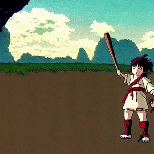 Prompt: a still from princess mononoke ( 1 9 9 7 ) film of a short fat samurai, daytime on a baseball field. full body, wide shot, very muted colors, post grunge, studio ghibli, laurie greasley, highly detailed, deviantart, art by artgem