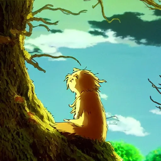 Prompt: spirit creature sitting on the tree in the night made by studio ghibli, detailed, high quality, 8 k, smooth