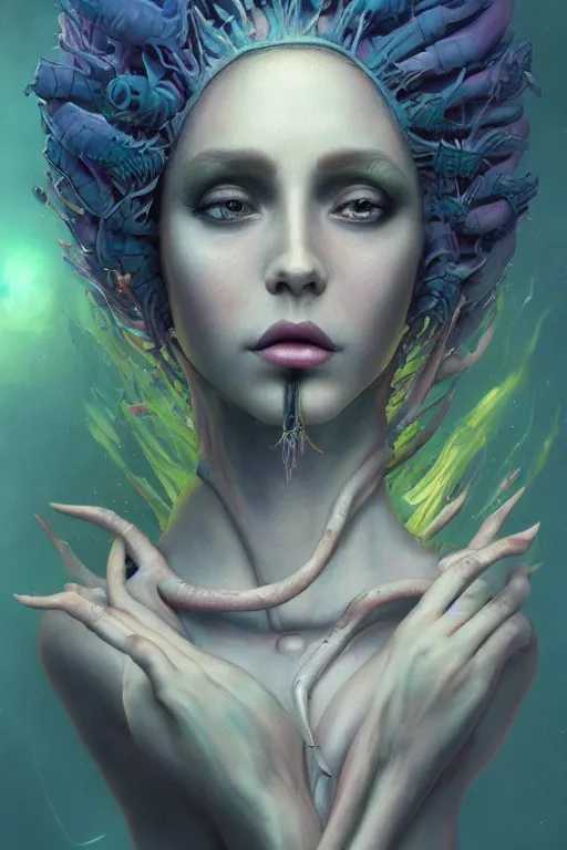 Image similar to digital portrait of an eloquent alien plant queen, straight on, full body character concept art, concept art, by artgerm, tom bagshaw, gerald brom, vaporwave colors, lo fi colors, vaporwave, lo fi, 4 k, hd, rendered with substance designer, small details,