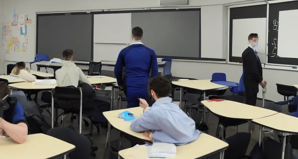 Prompt: a maths teacher wearing an anti covid suit, photo taken from inside of the class room, boring lesson