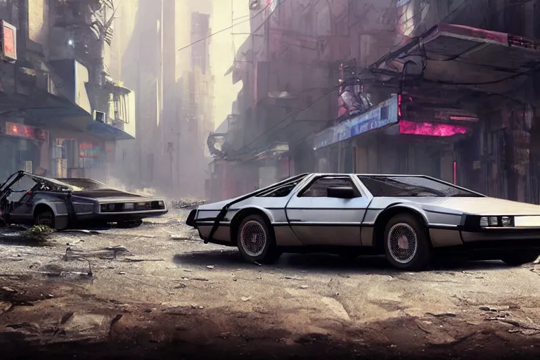 Image similar to highly detailed photorealistic rendering of the delorean from back to the future parked on the streets of a cyberpunk abandoned city, futuristic post - apocalyptic vibe, by greg rutkowski and stanley artgerm and alphonse mucha, octane, sharp focus, hyperrealistic, unreal engine 5, vray, masterpiece