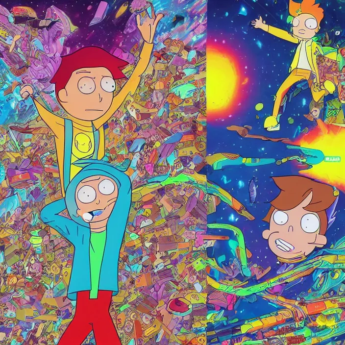 Image similar to Michael J. Fox as Morty Smith from Rick and Morty by Noriyoshi Ohrai and Lisa Frank, inking, full color