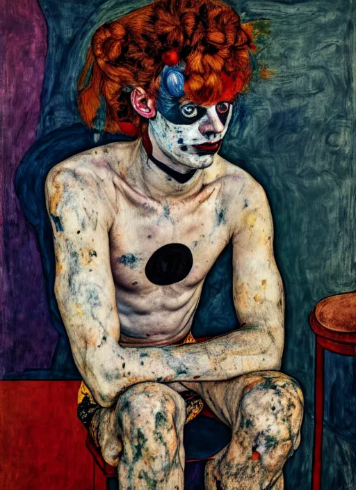 Prompt: portrait of an harlequin sitting on a stool, by vincent lefevre, egon schiele and hernan bas and pat steir and hilma af klint, psychological, photorealistic, symmetrical face, dripping paint, washy brush, rendered in octane, altermodern, masterpiece