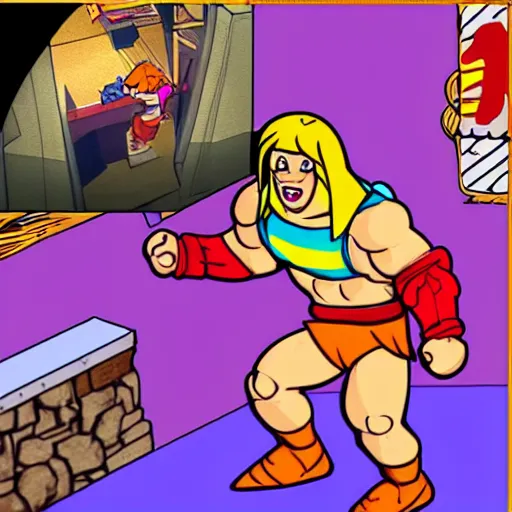 Prompt: he - man running from freddy fazbear in mcdonalds at 3 am